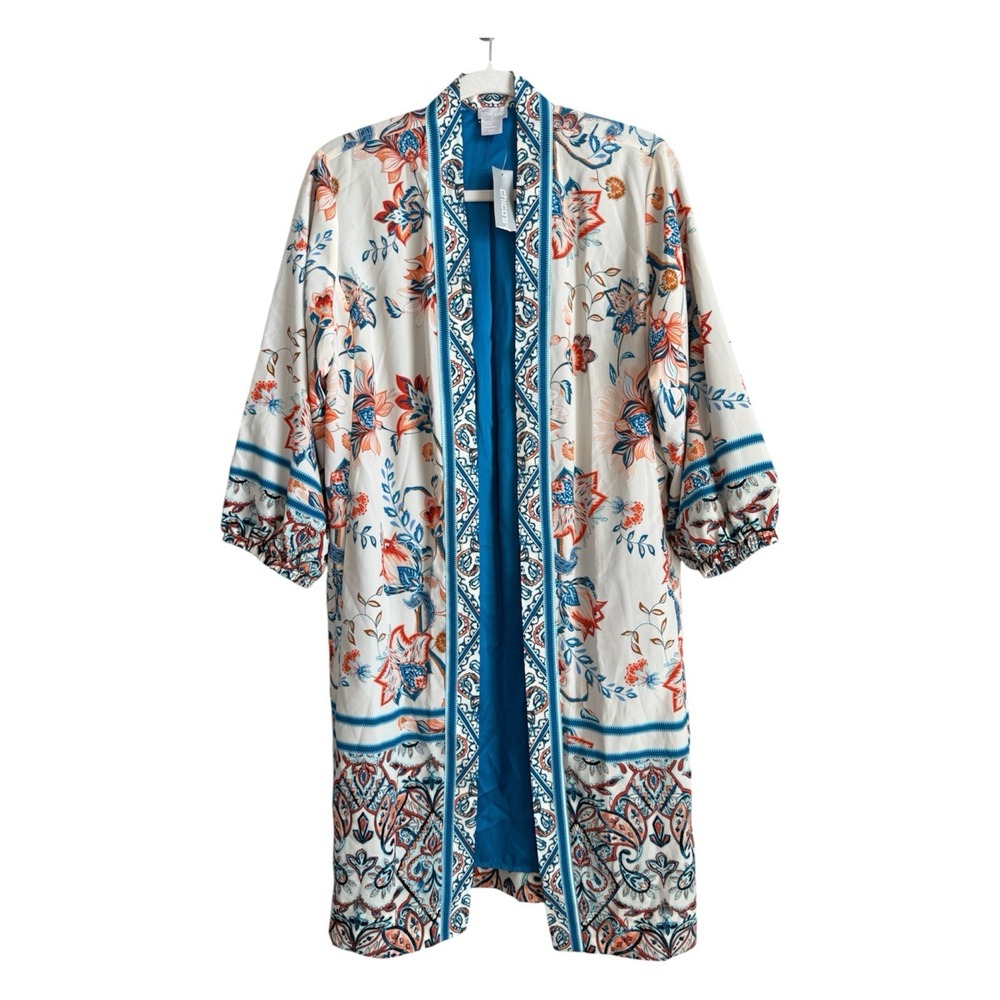 Chico's Rising Bloom Floral Lined Patched Kimono Duster Jacket Size M Boho NEW
